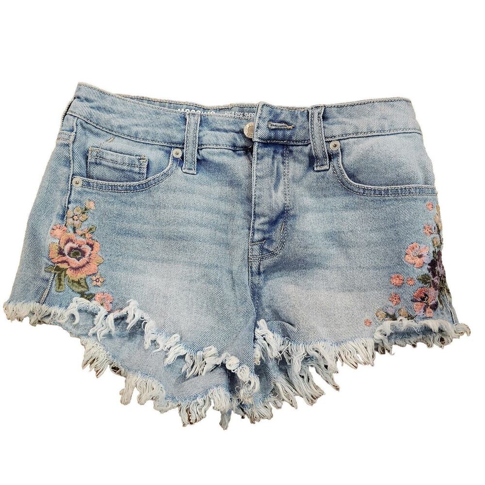 Mossimo High Rise Floral Embroidered Denim‎ Shorts Light Wash Frayed Hem 0/25